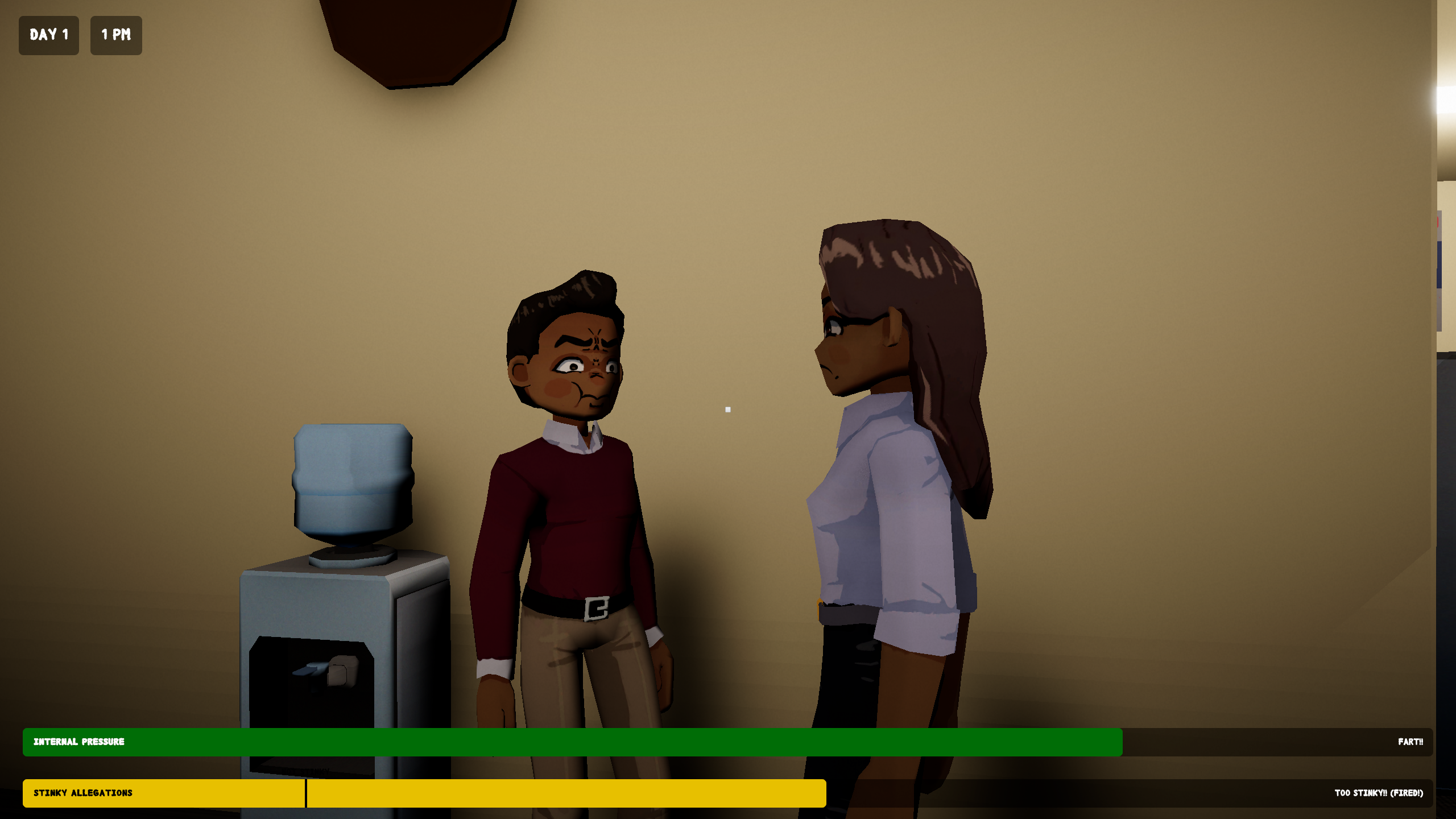 Two coworkers having a conversation by the water cooler