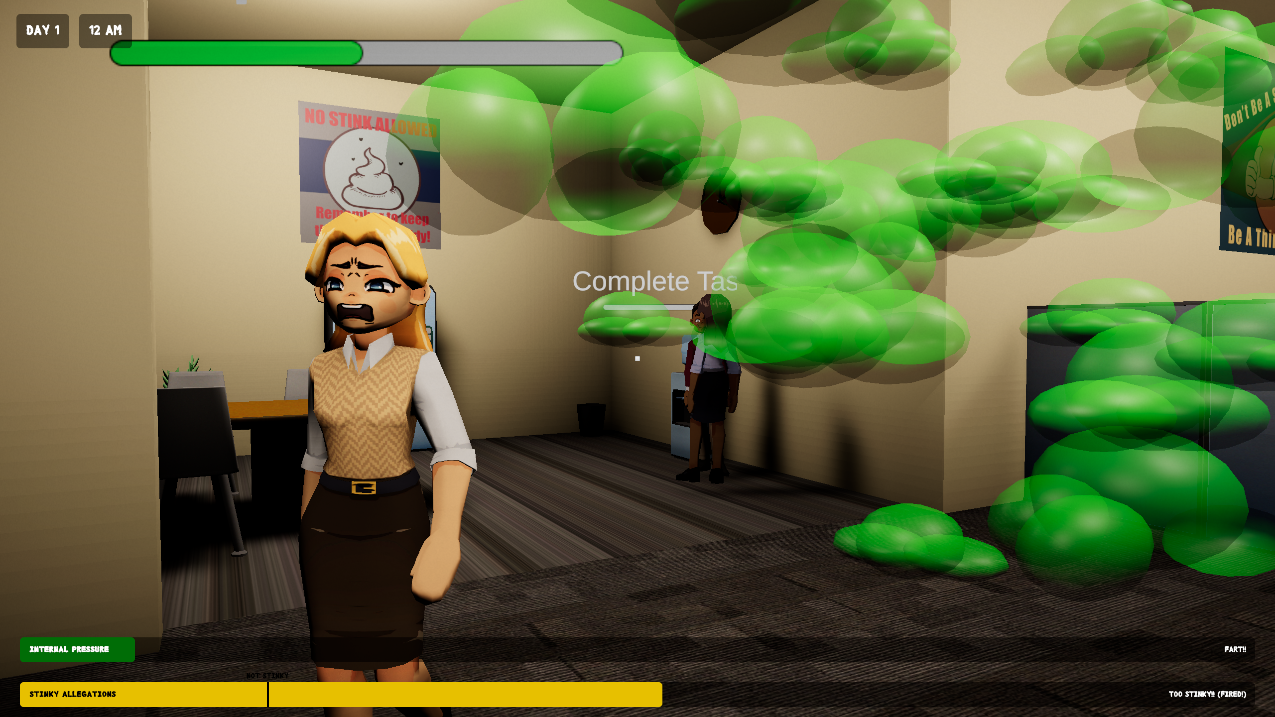 Office overwhelmed with green fart clouds as a coworker looks on suspiciously