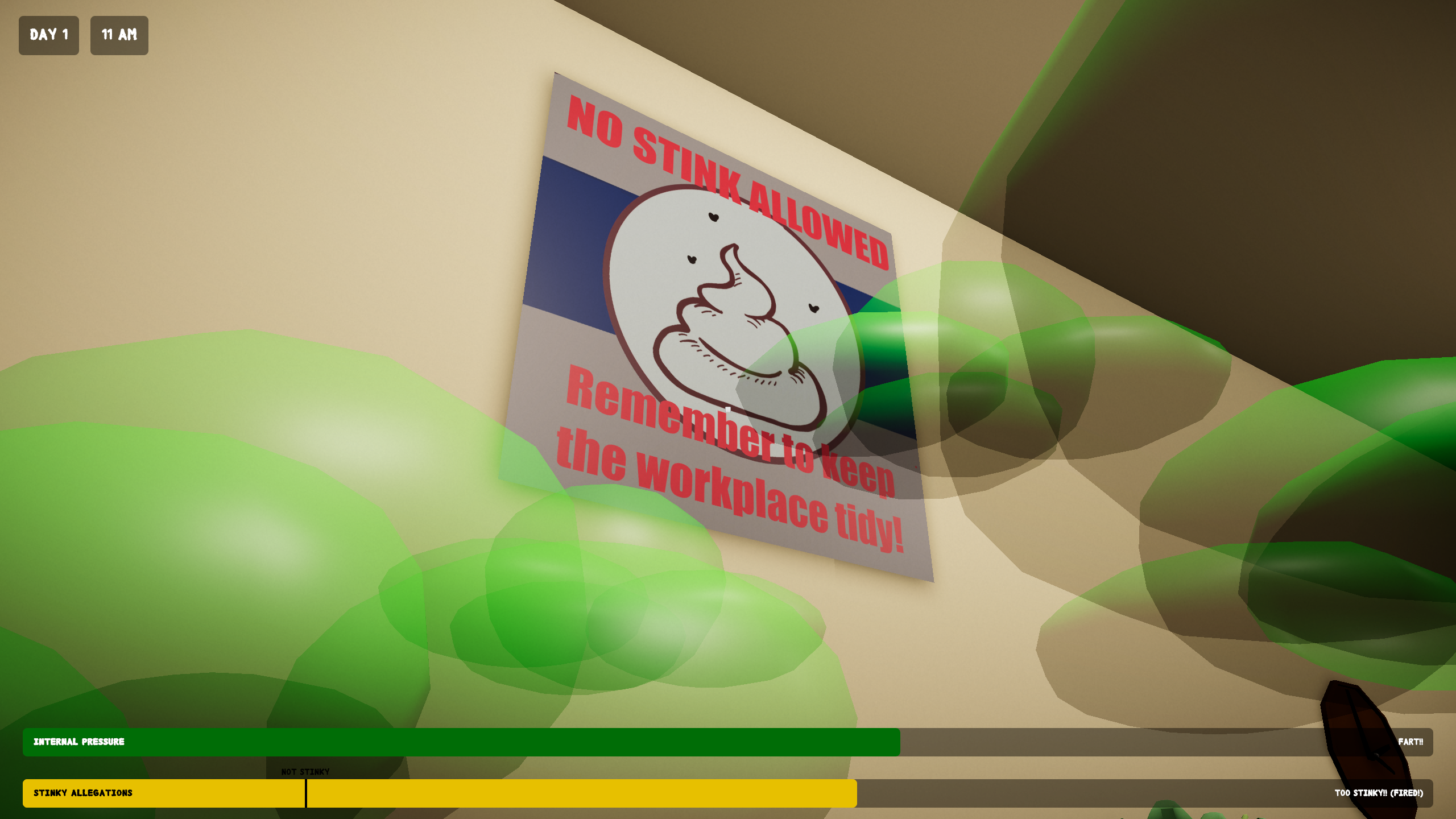 Close-up of a 'No Stink Allowed' office poster surrounded by fart clouds