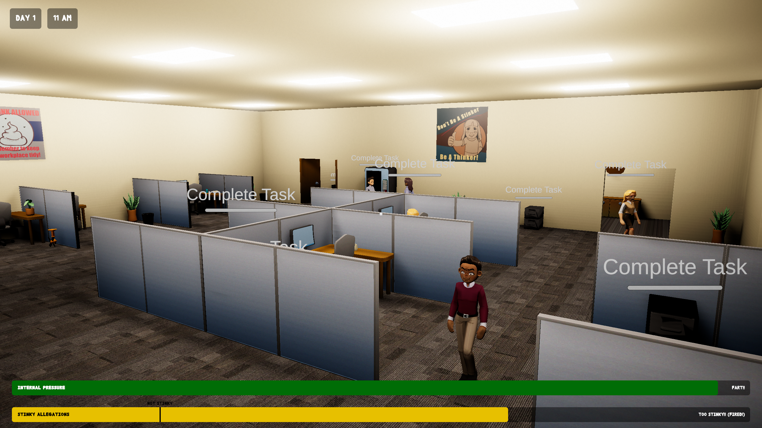 Overhead view of the Poooof Inc. office with cubicles, coworkers, and multiple tasks to complete